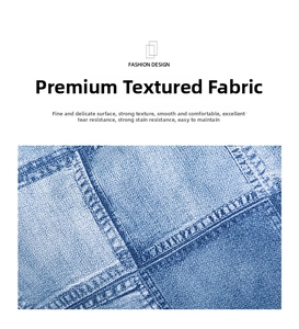 Macro detail of high-quality blue denim fabric texture and sturdy double-row stitching