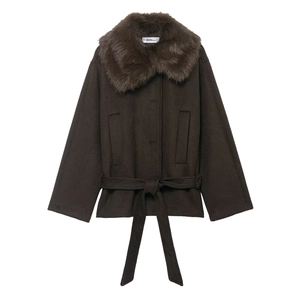 Women Belted Coat With Faux Fur Collar Solid Coffee Brown Woolen Style Winter Long Sleeve Jacket