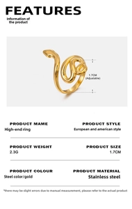 Spécifications de taille pour bague serpent réglable en acier inoxydable et son poids