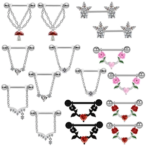 Set of assorted stainless steel nipple rings with mushroom, rose and heart zircon charms