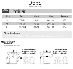 Size chart for V-neck lace dress showing bust, waist, hips, and length in CM for S, M, L