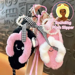 Cute Plush Slipper Keychain Squeaky Mini Shoe Bag Pendant With Bowknot Artificial Pearl Heart Charm For Girls Women Gift