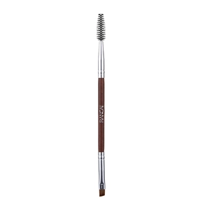Detailed view of dual-ended eyebrow and eyelash brush with brown wooden handle