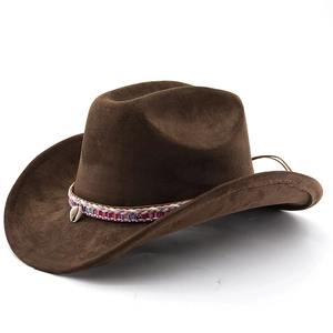 Dark brown faux suede western cowboy hat with ethnic woven band and shell detail