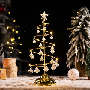 Golden spiral Christmas tree LED desk lamp with sparkling crystal pendants and star topper