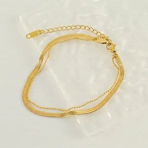 Minimalist gold double layer snake and bead chain anklet with adjustable lobster clasp