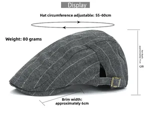Detail view of cotton striped flat cap with adjustable strap and size specifications