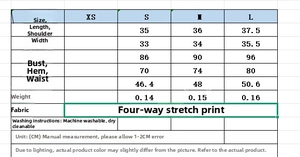 Detailed size chart for floral French chic print set showing measurements in centimeters
