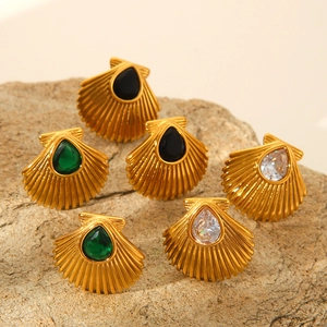 Shell Scallop Stud Earrings 18K Gold Plated Stainless Steel Teardrop Cubic Zirconia Inlaid Retro Beach Jewelry For Women