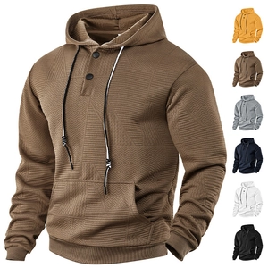 Sweat à capuche pour homme de couleur unie avec cordon de serrage et col boutonné
