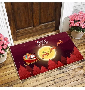 Christmas welcome mat featuring Santa Claus sleigh and golden moon on porch