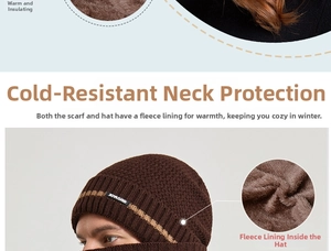 Dettaglio del set cappello e scaldacollo in maglia invernale con morbida fodera in pile