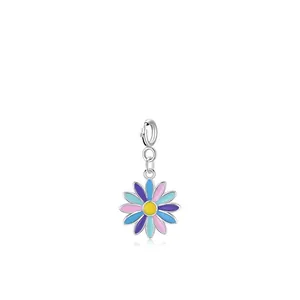 S925 sterling silver colorful daisy pendant with enamel petals and lobster clasp