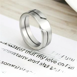 Detail shot of a minimalist matte brushed stainless steel ring with a geometric groove