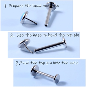 Three-step assembly guide for stainless steel labret stud with blue opal top
