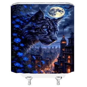 Blue-eyed lynx shower curtain with moon and city silhouette art design