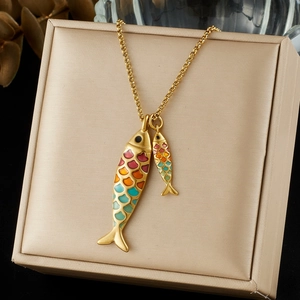 Colorful enamel double koi fish pendant necklace in gold plated stainless steel