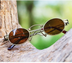 Close-up of vintage bronze steampunk sunglasses with oval brown lenses on a tree trunk