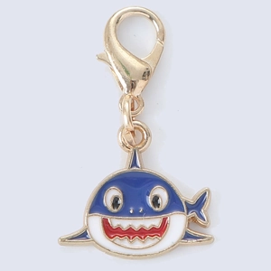 Cute metal cartoon shark keychain pendant with blue enamel and golden lobster clasp for bags