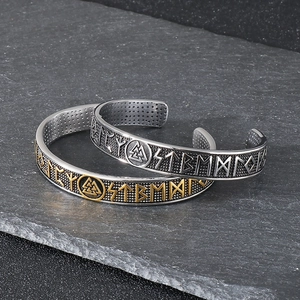 Nordic Viking rune cuff bracelet featuring Valknut symbols and a vintage silver metal finish
