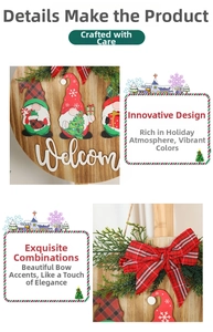 Close-up of Christmas wooden welcome sign with gnome figurines and pine needles