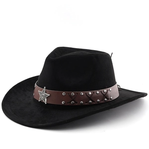 Classic black cowboy felt hat with brown leather band and silver star emblem