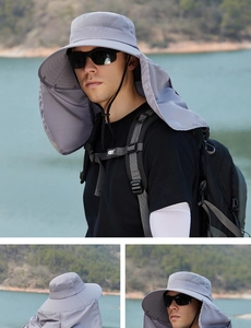 Détail d'un chapeau solaire gris avec maille respirante, large bord et couvre-nuque