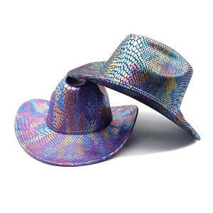 Detailed macro view of iridescent snake pattern texture on metallic cowboy hat wide brim