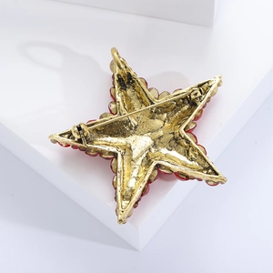 Macro view of the gold-plated safety pin back and red rhinestone star brooch detail