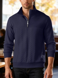 Detailed knit texture of navy quarter-zip pullover with diamond and cable patterns