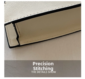 Detail showing precise stitching and black edge finishing on the off-white chain bag