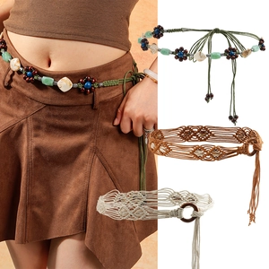 Bohemian Woven Waist Belt Handmade Cotton Rope Wood Bead Shell Tassel For Dress Ethnic Style Adjustable Waist Chain Women