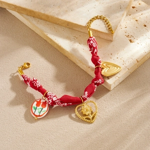 French vintage red floral cord bracelet with gold flower and heart ceramic charms