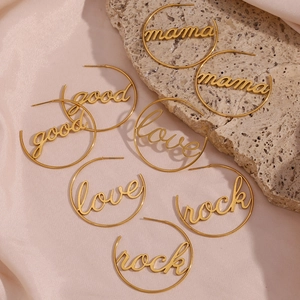 Hoop Earrings 18K Gold Plated 316L Stainless Steel Script Letter Mama Love Good Rock Round Circle Trendy Jewelry Women