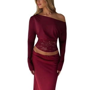 Sexy wine red one-shoulder lace patchwork top and slim fit skirt set for autumn