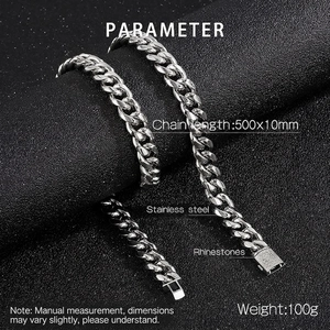 Detail of 10mm silver Cuban link necklace with CNC rhinestone buckle and 50cm length