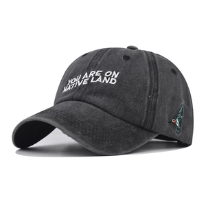 Washed charcoal baseball cap with hummingbird embroidery and native land slogan