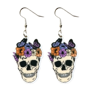 Halloween acrylic earrings featuring skull design with colorful floral wreaths and butterflies