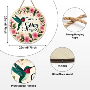 Spring round wooden Hello sign with hummingbird and flower pattern for home door decor
