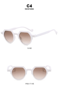 Vorder- und Seitenansicht kleiner weißer geometrischer Sonnenbrille mit braunen Gläsern
