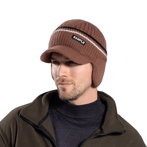 Men's winter knit baseball hat with ear flaps and warm fleece lining in brown
