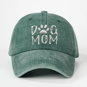 Vintage washed green baseball cap with DOG MOM embroidery and adjustable ponytail back