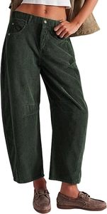 Pantalones de pana de cintura alta y pernera ancha para mujer en color verde oscuro liso