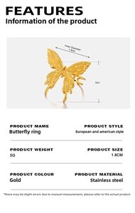 Detailed size chart of gold butterfly ring with 3cm height and 1.8cm inner diameter