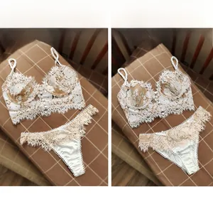 Lace bralette lingerie set with matching thong and briefs featuring bow details