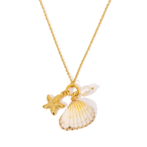 Vintage gold necklace with shell pearl and starfish pendant 18K gold plated jewelry
