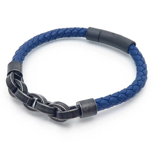 Men's blue braided leather bracelet with magnetic buckle and stainless steel chain detail