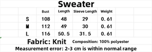 Size chart for women's chunky knit sweater detailing bust length and polyester fabric