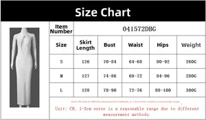 Detailed size guide table with measurements for cut-out backless halter neck metal dress