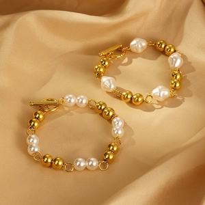 Stainless Steel Faux Artificial Pearl Beaded Bracelet 18K Gold Plated Fashion Baroque Shell Toggle Clasp Jewelry For Women